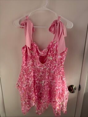 Iheartraves Pink Sequin Floral Tie-Shoulder Dress